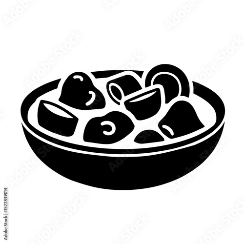Minimalist black silhouette of goulash plate with meat and vegetables on white background