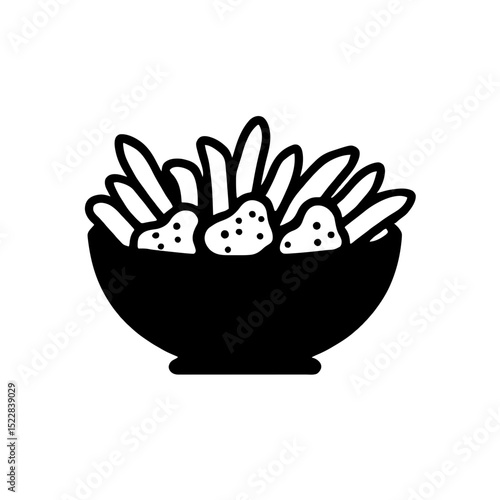 Minimalist black silhouette of poutine bowl with fries and cheese curds