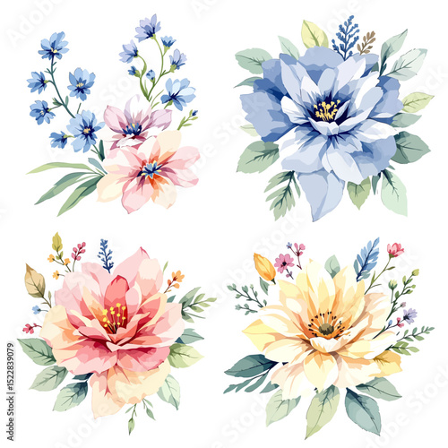 Watercolor wildflower set with daisies, forget-me-nots, cornflowers, poppies, bellflowers, and clover in botanical illustration