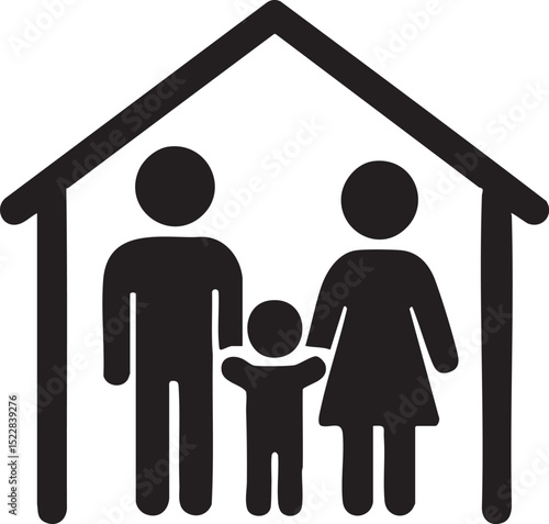 Iconographic Representation of a Nuclear Family Inside a Home Structure Symbolizing Safety and Togetherness simple black