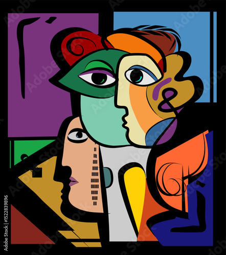 A colorful, abstract representation of multiple faces