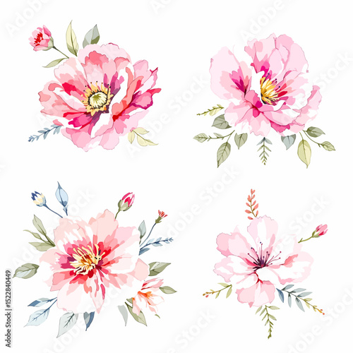 Wild flowers set, watercolor digital illustration.	