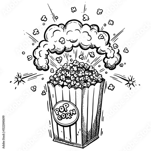 Popcorn bursting from striped container in hand-drawn style  