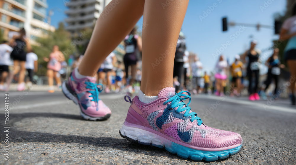 Feet pounding the pavement in vibrant sneakers during a lively city marathon on a sunny day filled with enthusiastic runners Feet pounding the pavement in vibrant sneakers during a lively city marathon on a sunny day filled with enthusiastic runners