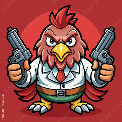 Cartoon Chicken Character with Guns in Business Suit on Red Background