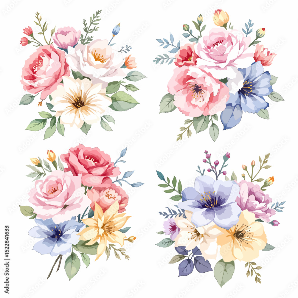Fototapeta premium Watercolor wildflower set with daisies, forget-me-nots, cornflowers, poppies, bellflowers, and clover in botanical illustration
