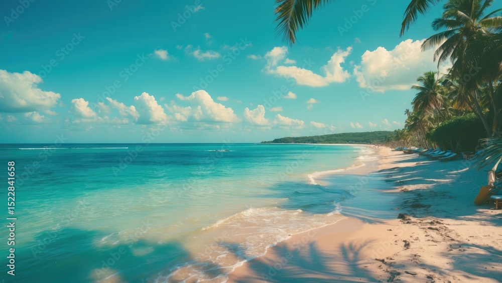 Fototapeta premium A Beautiful Beach Scene With Clear Blue Sea and Palm Trees.