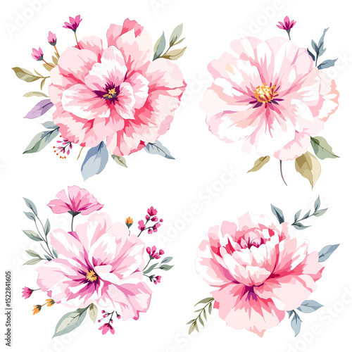 Watercolor wildflower set with daisies, forget-me-nots, cornflowers, poppies, bellflowers, and clover in botanical illustration