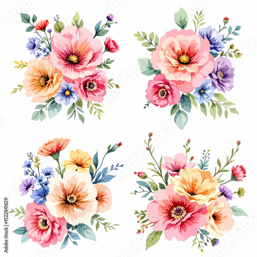 Watercolor wildflower set with daisies, forget-me-nots, cornflowers, poppies, bellflowers, and clover in botanical illustration