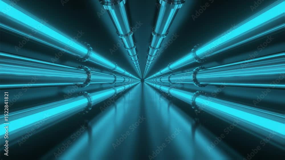 Endless tunnel of metallic pipes illuminated by intense blue neon light creates a futuristic and technological perspective, symbolizing data transfer or energy flow systems