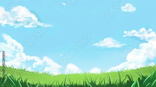Enchanting Scenery of Lush Green Grassland under a Vast Blue Sky with Floating White Clouds: A Serene Natural Tapestry