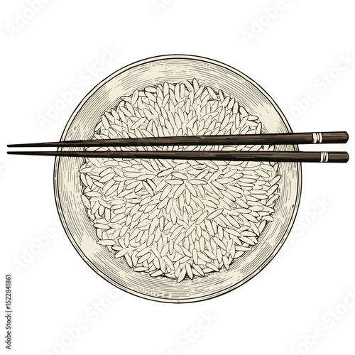 Bowl of uncooked rice with chopsticks on top in a minimalist style  
