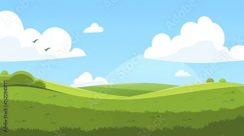 Enchanting Scenery of Lush Green Grassland under a Vast Blue Sky with Floating White Clouds: A Serene Natural Tapestry