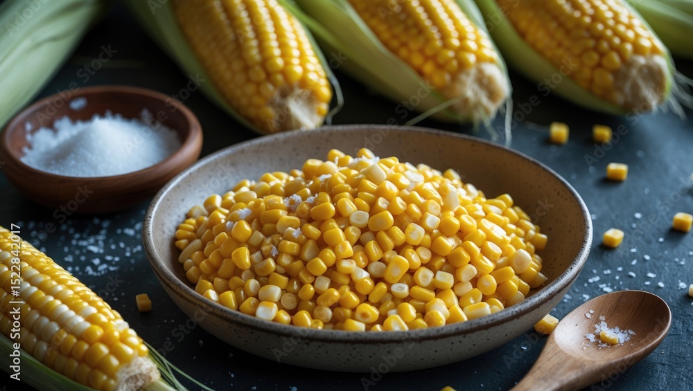 Grains of sweet corn in a plate with a wooden spoon, coarse salt, and ears of corn on the table. Healthy diet. Fitness diet. For a sweet treat. Close up. Grains of sweet corn in a plate with a wooden spoon, coarse salt, and ears of corn on the table. Healthy diet. Fitness diet. For a sweet treat. Close up.