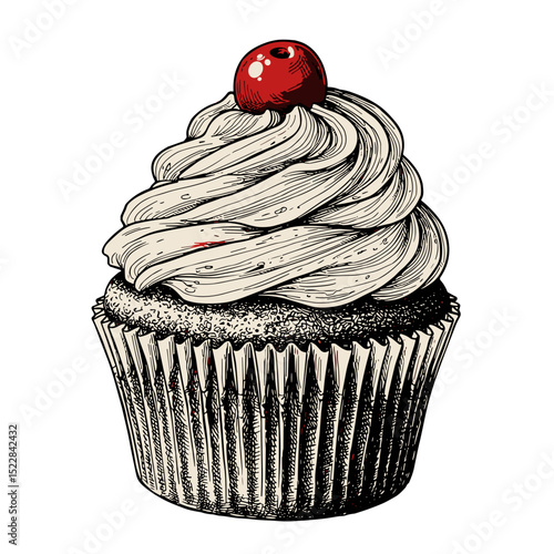 Cupcake with cherry topping and swirled frosting in vintage style  