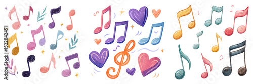 Colorful music notes and hearts with playful leaves and stars create joyful and artistic musical theme illustration