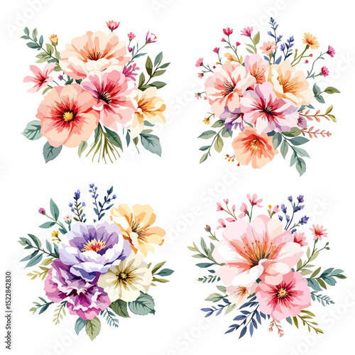 Wild flowers set, watercolor digital illustration.
