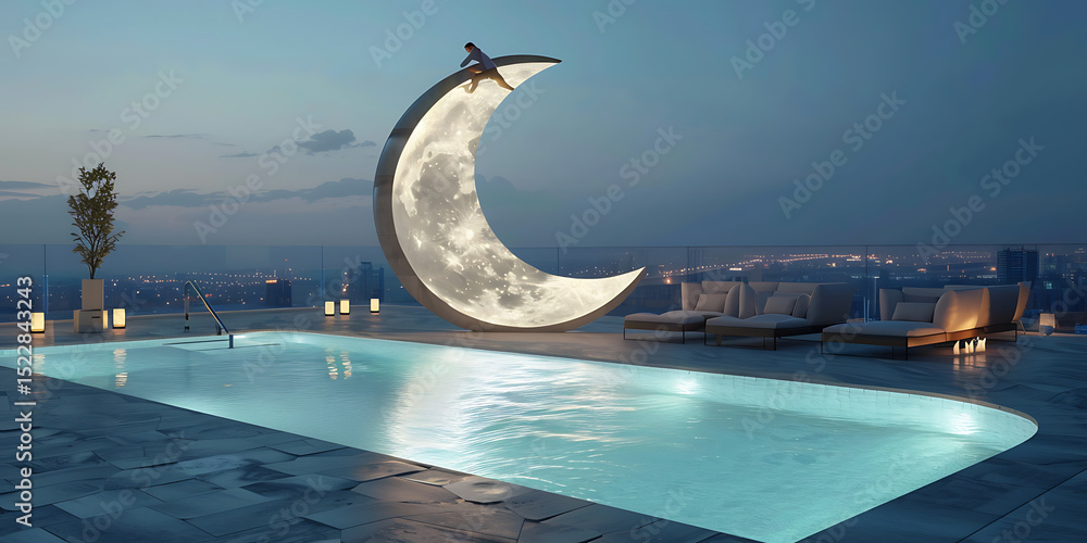 Naklejka premium Serene Rooftop Pool at Dusk with Crescent Moon Sculpture and City Skyline