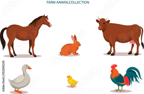 Colorful Farm Animal Vector Collection – Horse, Cow, Chick, Duck, Rabbit, Rooster on White Background
