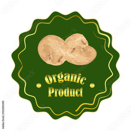 Organic potatoes store label or sticker for your product. Raw unpeeled potatoes vector illustration.