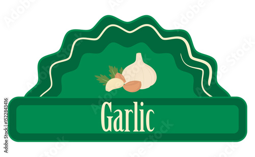 Organic garlic store label or sticker for your product. Raw organic garlic shop tag vector illustration.