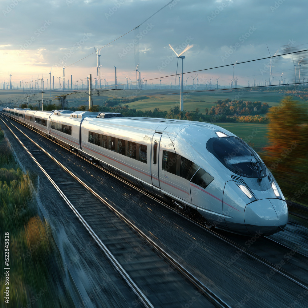 Fototapeta premium Sleek bullet train speeds through countryside, surrounded by wind turbines and lush greenery