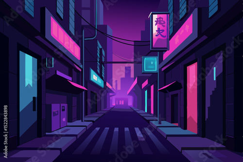 a dark alley lit by neon signs in an overpopulate