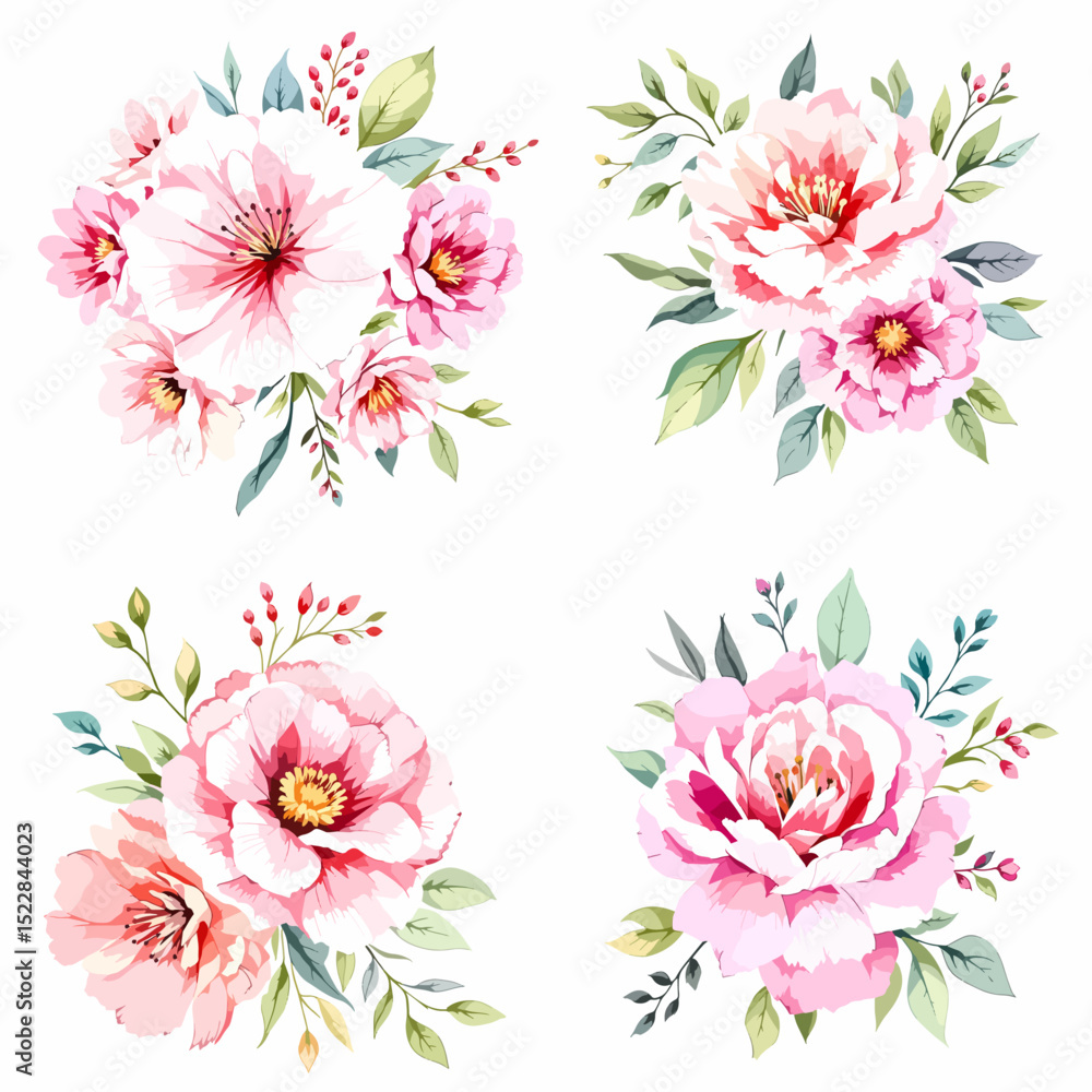 Naklejka premium Wild flowers set, watercolor digital illustration.