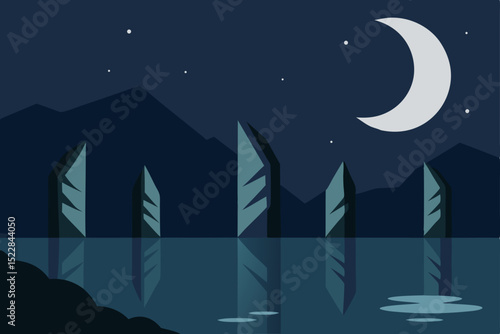: a moonlit lake with ancient runes etched on its