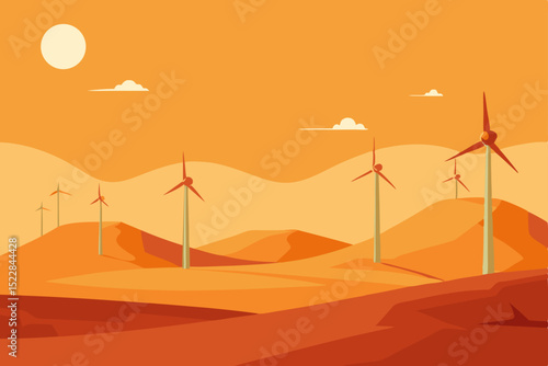  a desert wasteland with futuristic wind turbines