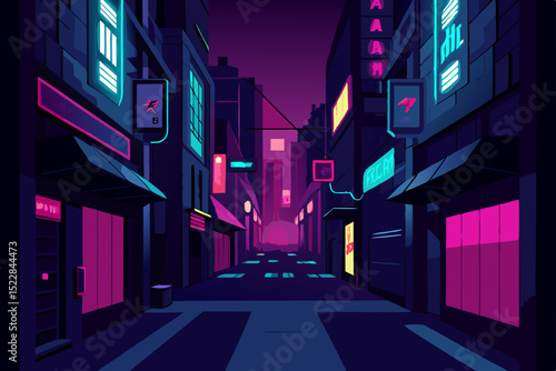  a dark alley lit by neon signs in an overpopulate