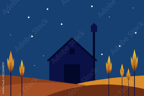 a starry night sky over a barn with dried 
