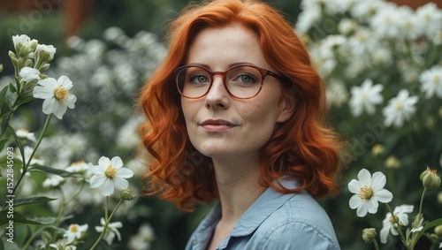 Fototapeta Naklejka Na Ścianę i Meble -  Red-haired woman with glasses and white flowers in the garden with empty space for text
