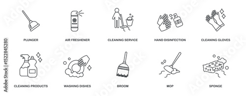 Line art icons depicting various cleaning supplies and services are displayed against a white background