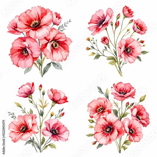Wild Rose flowers set, watercolor digital illustration.
