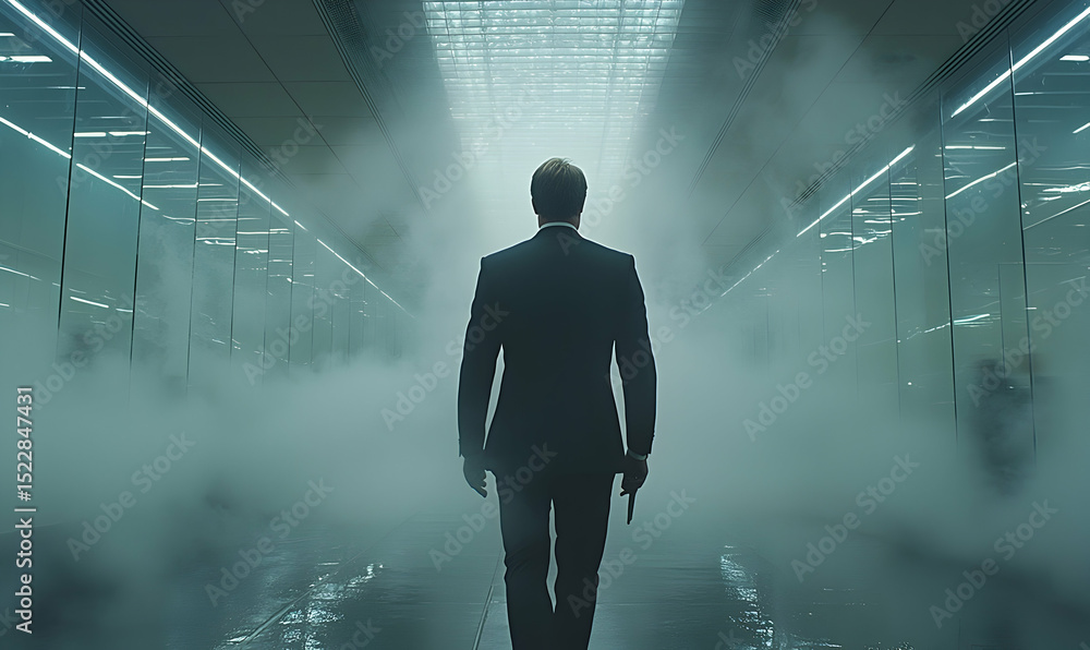 Obraz premium Man Walking Through Foggy Corridor Holding Object in Hand