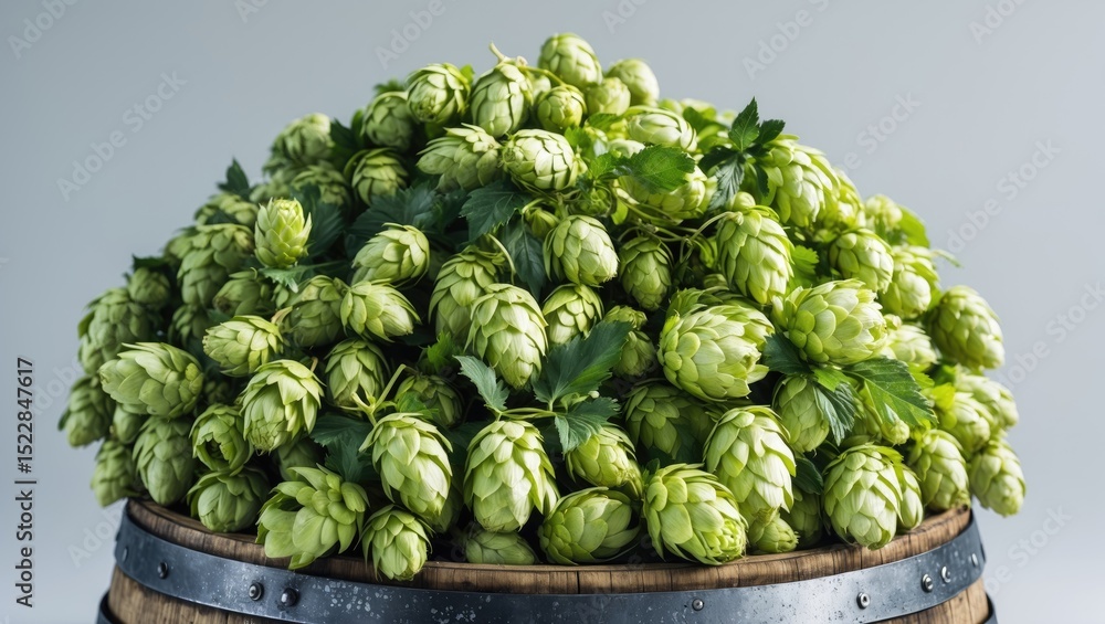 Fototapeta premium A barrel of beer with hop cones isolated on a plain background.