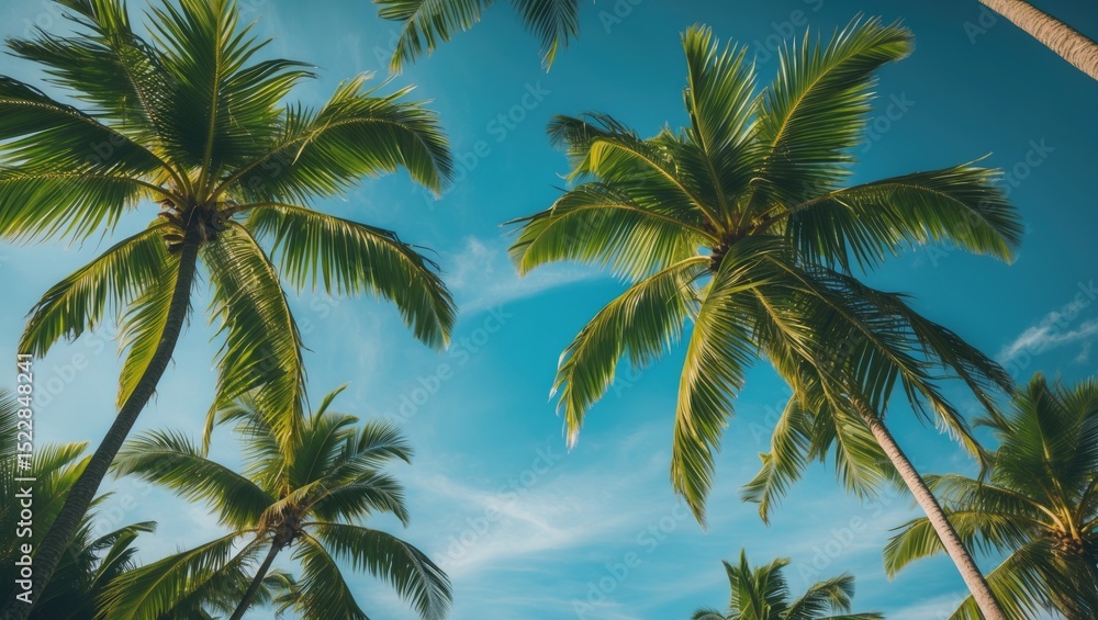 Obraz premium Green Palm Leaves Against A Bright Blue Sky On A Sunny Day With Space For Text