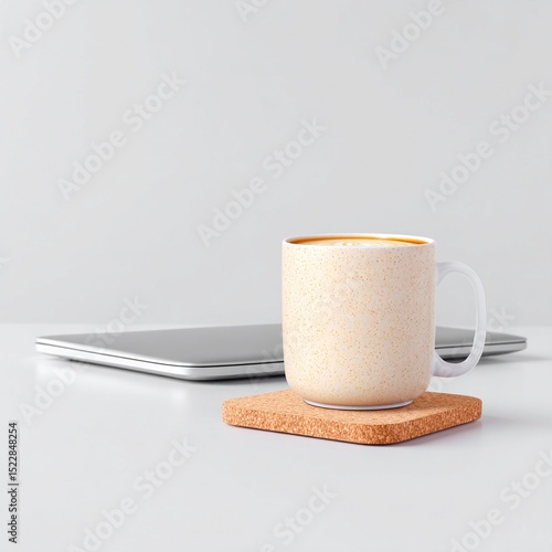 Beige Coffee Mug on Cork Coaster Beside Closed Laptop