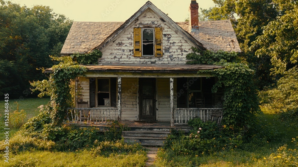 Fototapeta premium Abandoned farmhouse with weathered siding and overgrown porch