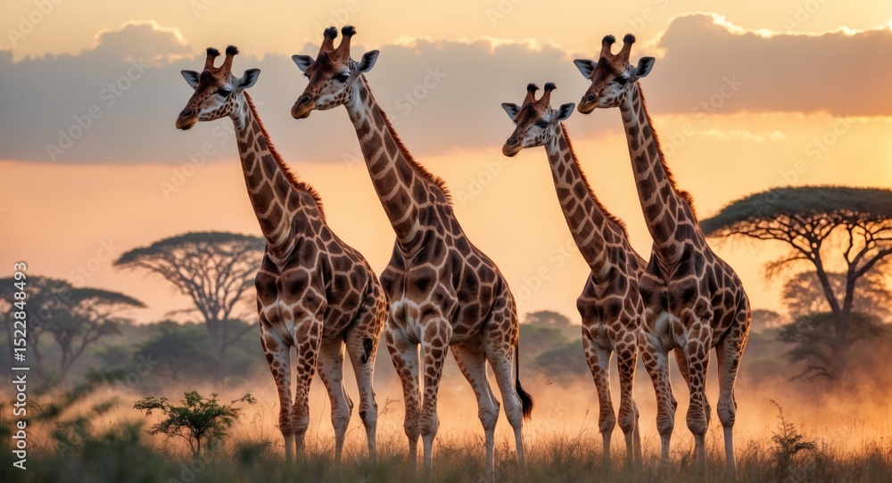 Obraz premium Giraffes During Sunrise On Safari with Empty Copy Space For Text