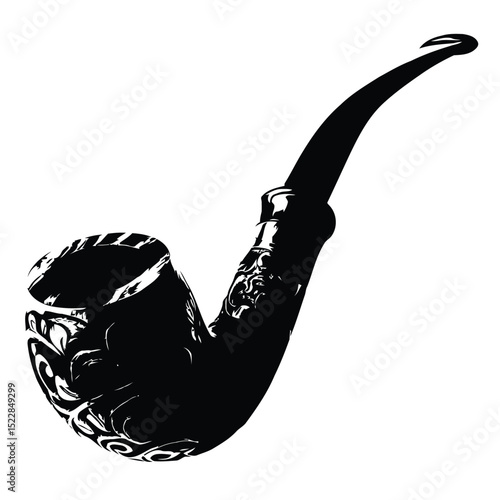 Elegant black and white illustration of a tobacco smoking pipe with detailed artistic ornamentation