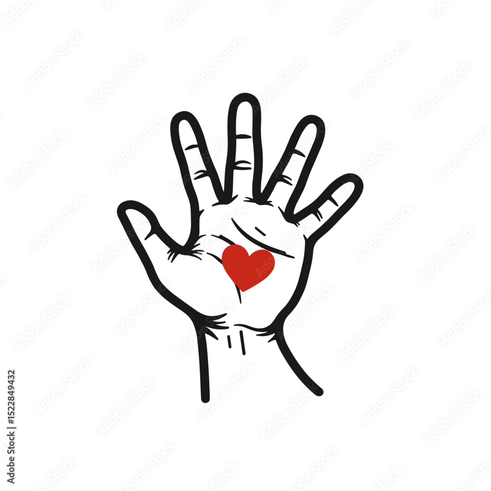 Obraz premium Hand with heart. Open palm showing love and compassion. Simple illustration perfect for expressing sympathy, remembrance, or grief. This image is ideal for funeral announcements, pet loss memorials