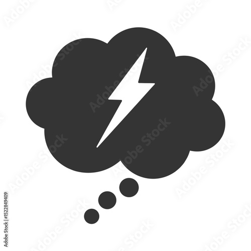 Dark gray thought bubble with white lightning bolt inside. This image depicts a sudden idea or inspiration represented by the lightning.