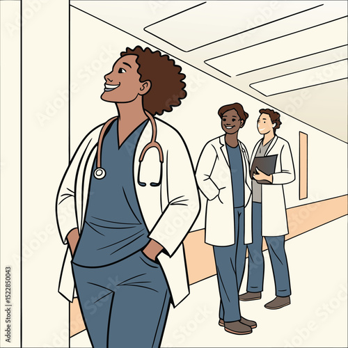 Smiling diverse medical team in hospital hallway care happy unity nurses health doctors medicine