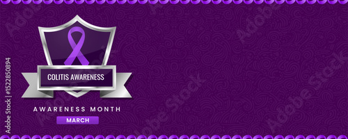 Colitis Awareness Month banner, with Purple ribbon, shield and space for text. Design for Banner or Header.