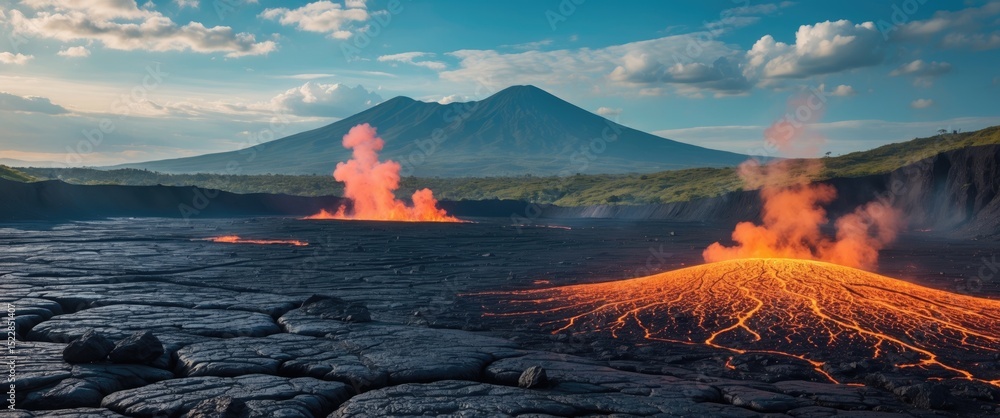 Naklejka premium View of volcanic landscape with lava field in the foreground and mountain in the background