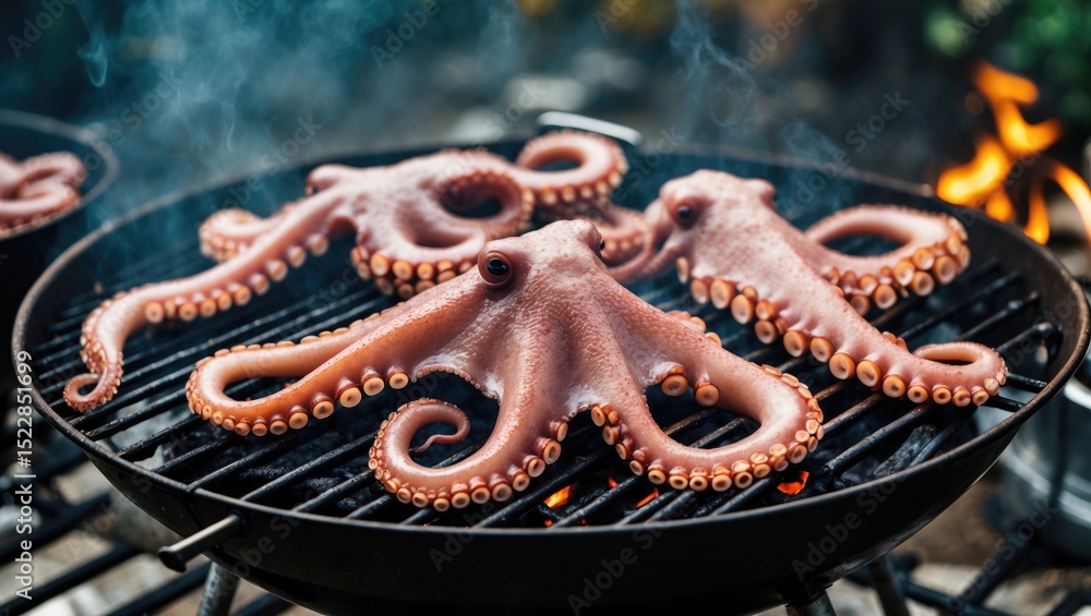 Fototapeta premium Fresh Octopuses on an outdoor barbecue grill with empty space for text.