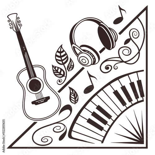Illustration of musical instruments including a guitar headphones and piano keyboard design element