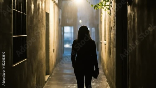 Womans silhouette walks down wet alleyway